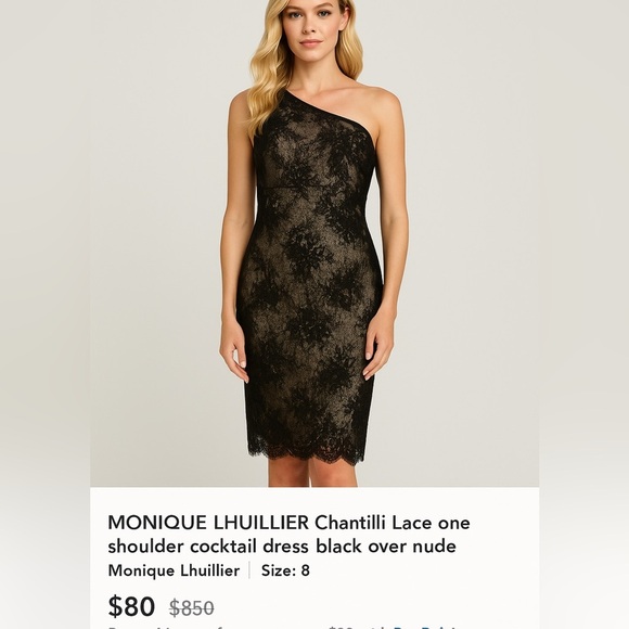 MONIQUE LHUILLIER Chantilli Lace one shoulder cocktail dress black over nude - Picture 8 of 8